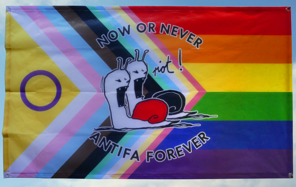(Progress Pride) Now or never, Antifa forever: 90x150 (Bild für) (Progress Pride) Now or never, Antifa forever: 90x150